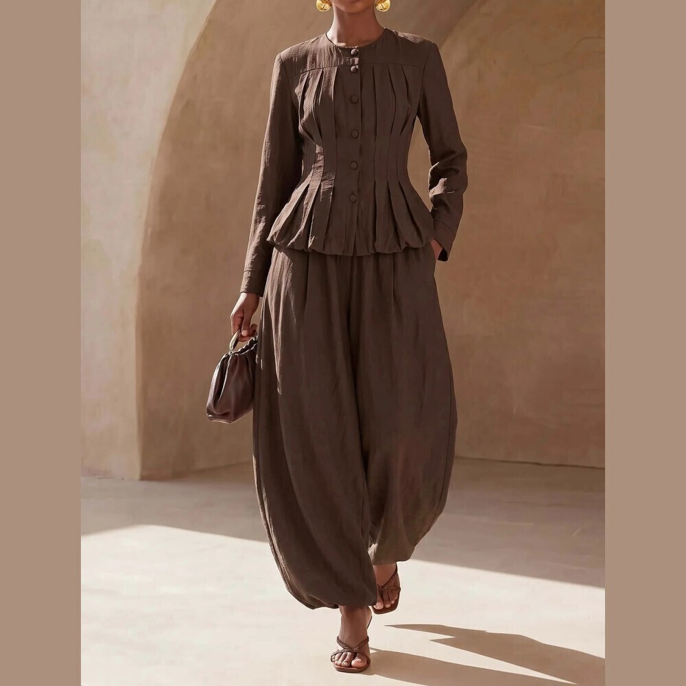 Brown Pleated Lightweight Peplum Blouse and Wide Leg Pants Pantsuit Set